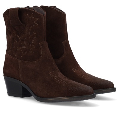 Botas de camurça castanhas escuras com salto médio preto e costuras decorativas