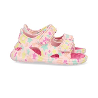 Sandálias infantis rosa com padrão colorido de estrelas e fecho velcro