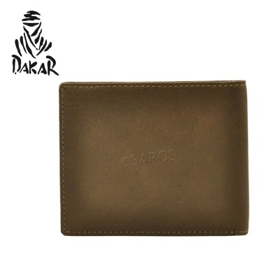 Carteira castanha em couro com gravura OSAROS e logotipo Dakar preto no canto superior esquerdo