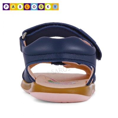 Sandália infantil azul marinho com fecho em velcro e sola castanha