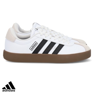 Ténis Adidas brancos com riscas pretas e sola castanha