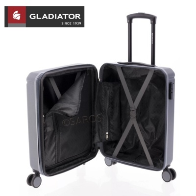 mala de viagem rígida cinza aberta com rodas e alça extensível