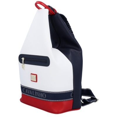 Mochila bicolor branca, azul e vermelha com alça vermelha e bolso com fecho