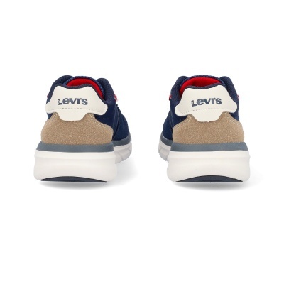 Ténis Levis azuis e bege vistos de trás com sola branca e interior vermelho.