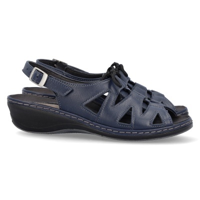 Sandálias femininas azul escuro em pele com atacadores pretos e sola preta.