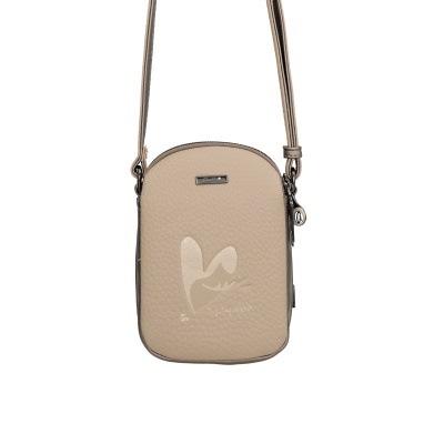 Mala pequena de tiracolo em couro bege com padrão abstrato e alça ajustável