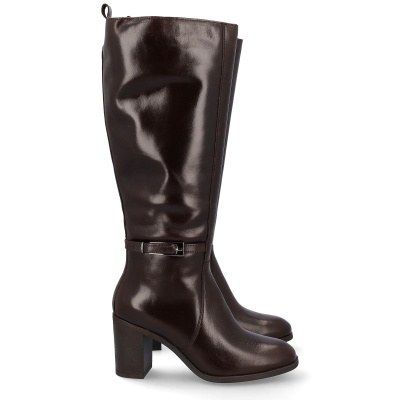 Bota feminina de couro marrom escuro com salto grosso