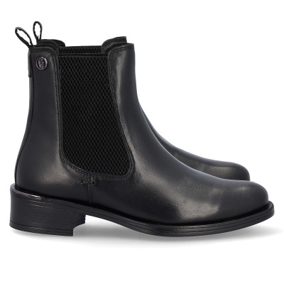 Botas Chelsea pretas de couro com detalhe elástico e salto baixo