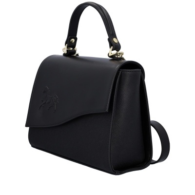 Mala de mão preta com asa, relevo de cavalo e ferragens douradas