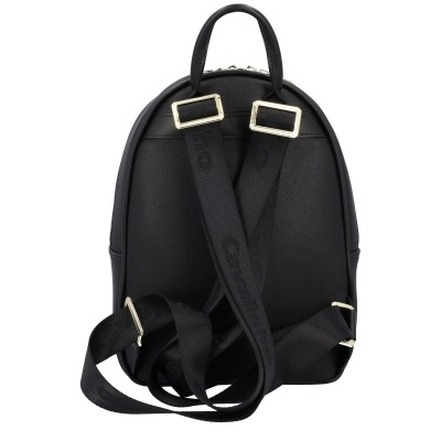 Mochila preta pequena vista de trás com alças ajustáveis e pega superior.