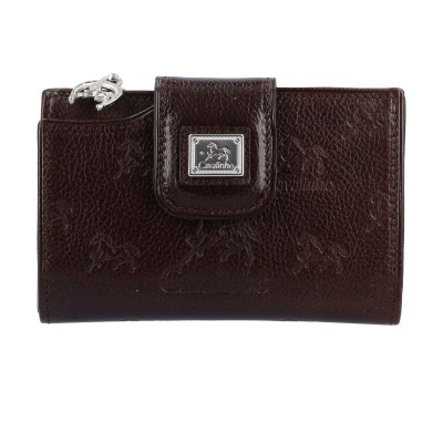 Carteira de couro castanho com relevo de cavalo e fecho metálico prateado