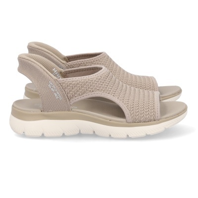 Sandálias femininas bege Skechers com tecido trançado e sola branca