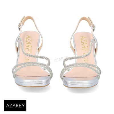 Sandálias de salto alto prateadas com tiras brilhantes e sola rosa