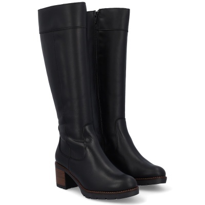 Botas pretas femininas altas em pele com salto médio castanho