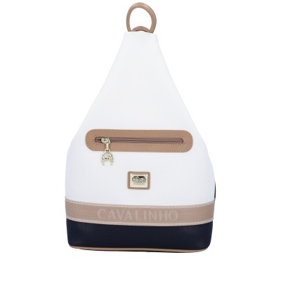 Mochila branca com base preta e detalhes bege com zip e logotipo dourado