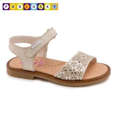 Sandália infantil beige com detalhe floral e fecho velcro PABLOSKY