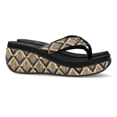 Chinelo com salto plataforma e padrão geométrico bege e preto