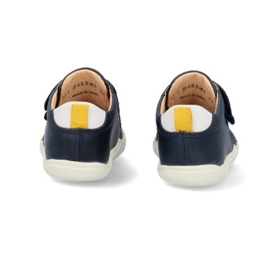 Sapatilhas infantis azuis com branco e amarelo vista de trás