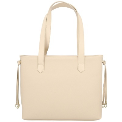 Mala bege com alças largas e cordões laterais em fundo branco