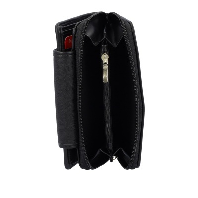 Carteira preta com fecho de correr e vários compartimentos