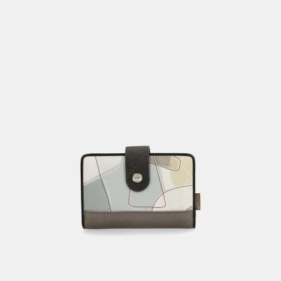 Carteira retangular em couro com padrão geométrico e fecho preto.