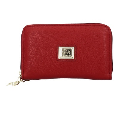 Carteira vermelha em material tipo pele com fecho dourado e placa Cavalinho