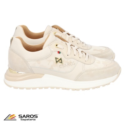 Sapatilhas bege e off-white Saros com detalhes em camurça e logo dourado