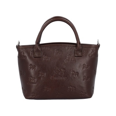 Mala de mão castanha em pele com padrão de cavalos em relevo