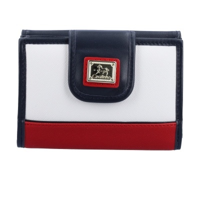 Carteira azul escuro, branco e vermelho com placa metálica Cavalinho