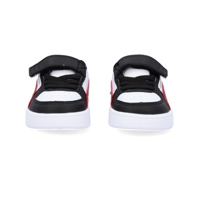 Par de sapatilhas infantis negras, brancas e vermelhas