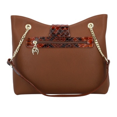 Mala castanha com detalhes em pele de cobra e alças douradas