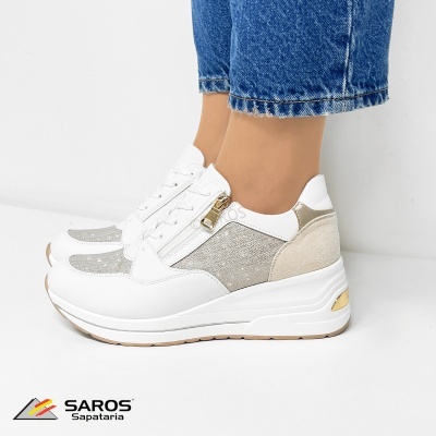 Ténis femininos brancos, bege e cinza com plataforma e zíper lateral