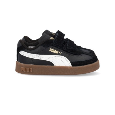 Sapatilhas infantis Puma preto, branco e castanho com velcro e sola castanha