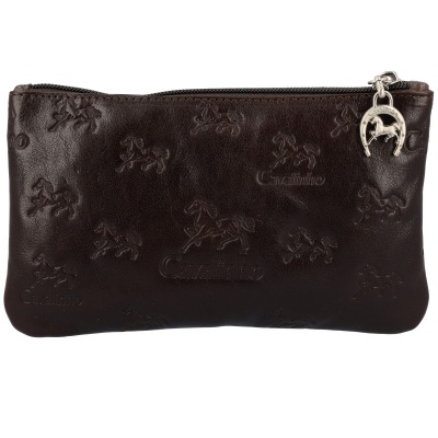 Carteira de couro castanho com padrão de cavalos e fecho prateado