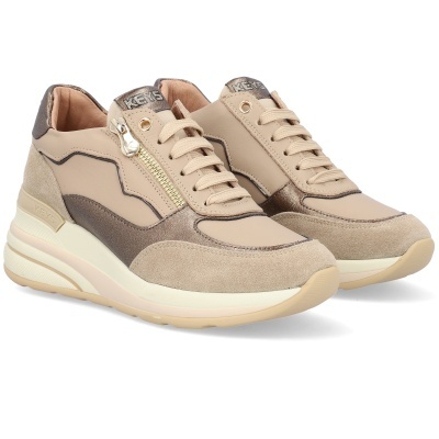 Sapatilhas KEDS bege e castanho com atacadores e fecho dourado lateral