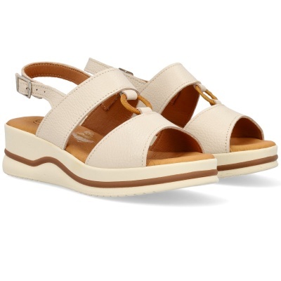 Sandálias femininas creme com detalhe circular castanho e sola branca com risca castanha