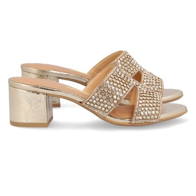 Sandálias de salto médio douradas com cristais
