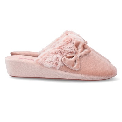 Chinelo de senhora rosa com laço e pêlo sintético