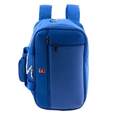 Mochila azul com vários compartimentos e alças acolchoadas