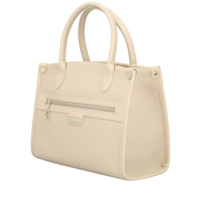 Mala de mão bege com alças de couro e fecho de zíper dourado