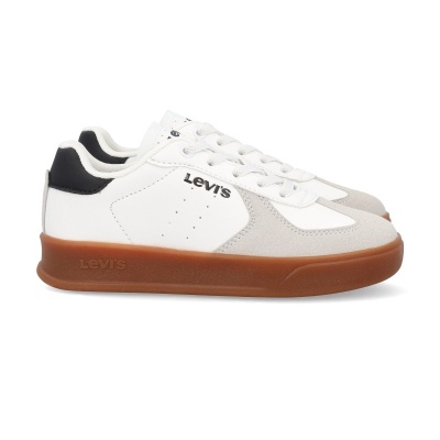 Ténis Levis brancos com sola castanha e detalhes em preto e cinza