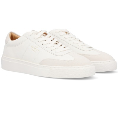 Sapatilhas brancas com camurça bege claro e sola branca