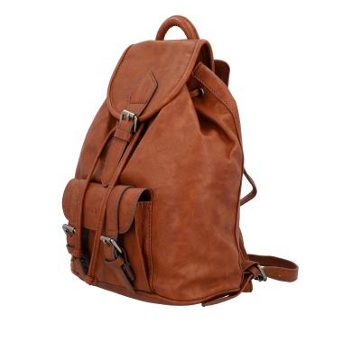 Mochila castanha em couro sintético com bolso frontal e fechos de fivela