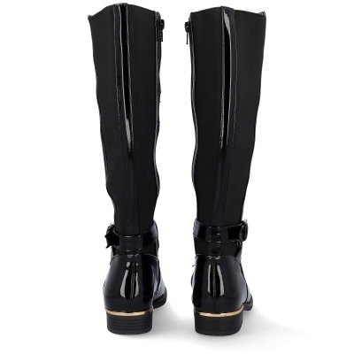 Botas pretas femininas até ao joelho com fechos laterais e detalhes em verniz
