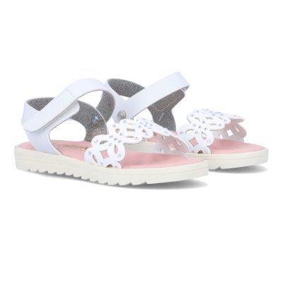 Sandálias brancas com pala decorativa e sola rosa