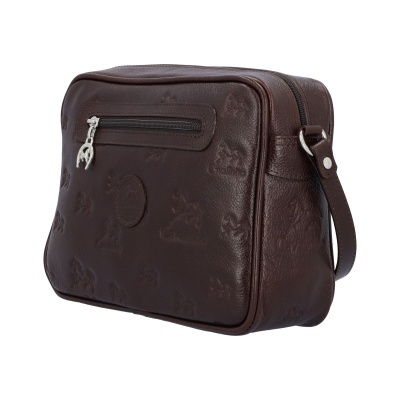 Bolsa de couro castanho escuro com textura estampada e fecho prateado