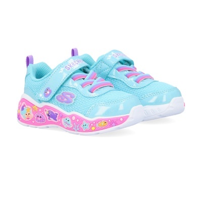 Ténis infantis azuis com decoração colorida e velcro Skechers