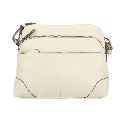 Mala branca em pele sintética com fecho e detalhes castanhos