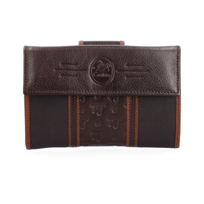 Carteira masculina castanha em couro com detalhes em tecido e logotipo Cavalinho