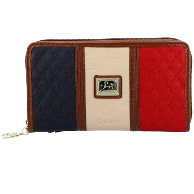 Carteira bicolor azul e vermelho com detalhes em pele castanha e parte central bege com relevo e placa Cavalinho